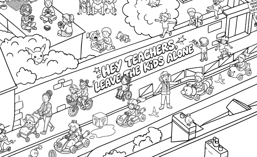 La rue des karts avec l'inscription Hey teachers leave the kids alone