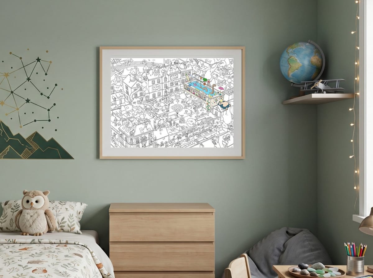 Le poster encadré au mur d'une chambre d'enfant, déjà en partie colorié